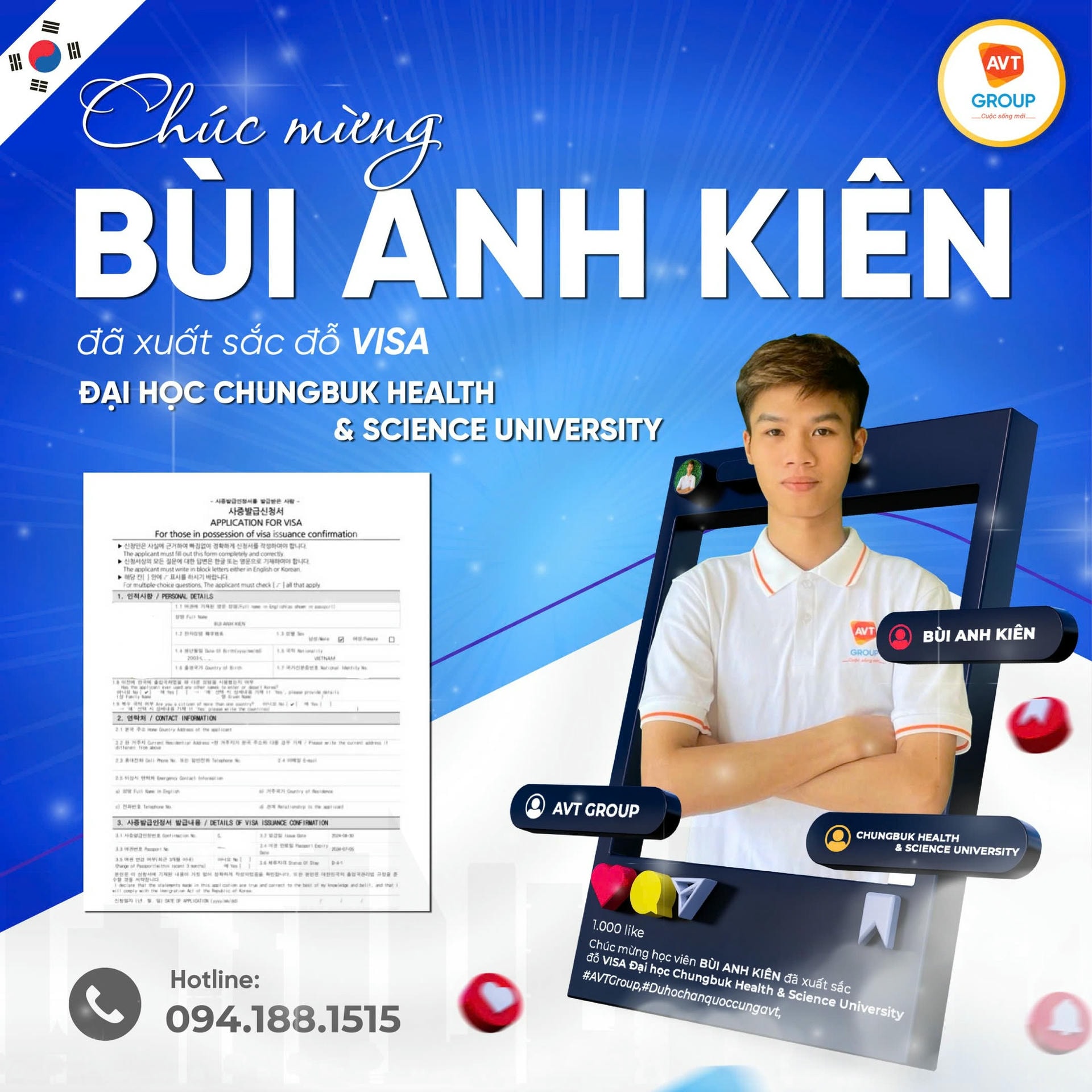 Chúc mừng Bùi Anh Kiên đỗ VISA ĐẠI HỌC CHUNGBUK HEALTH & SCIENCE