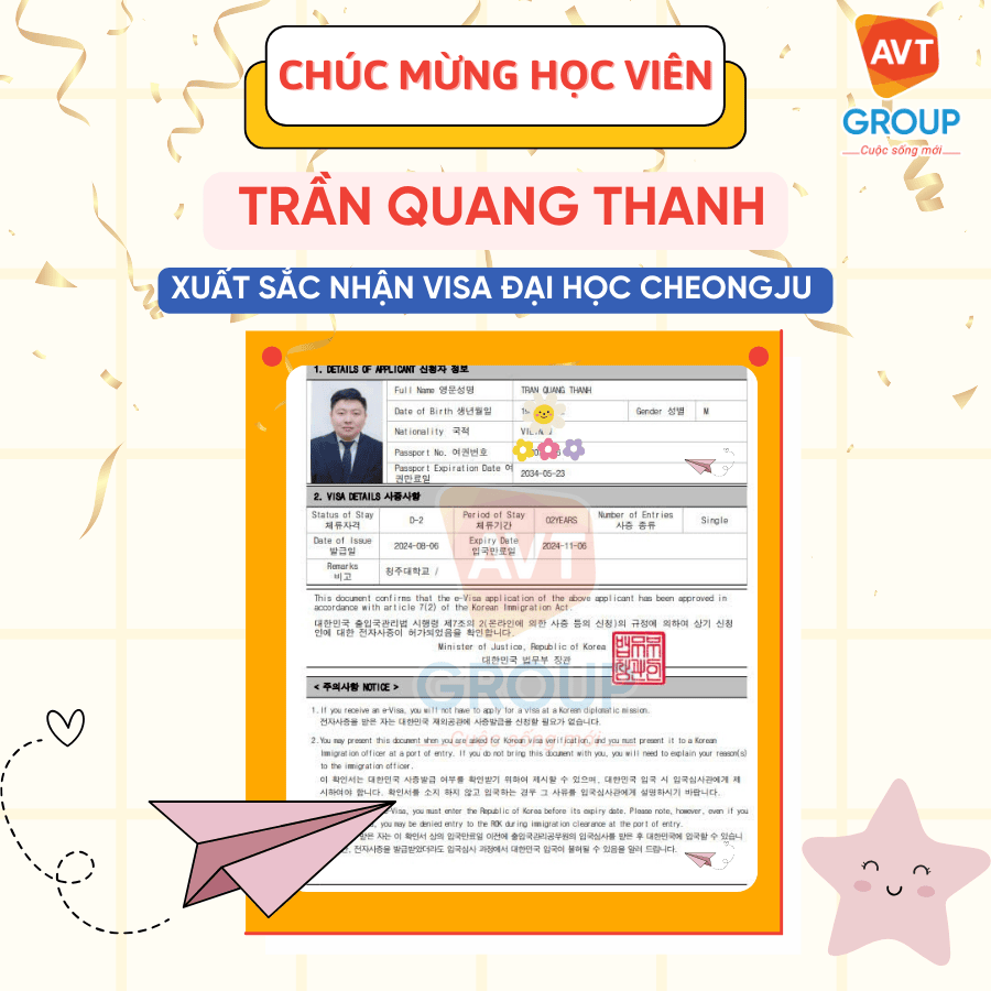 Chúc mừng Trần Quang Thanh đỗ Visa hệ thạc sĩ đại học Cheongju đã hạ cánh tại AVT Group