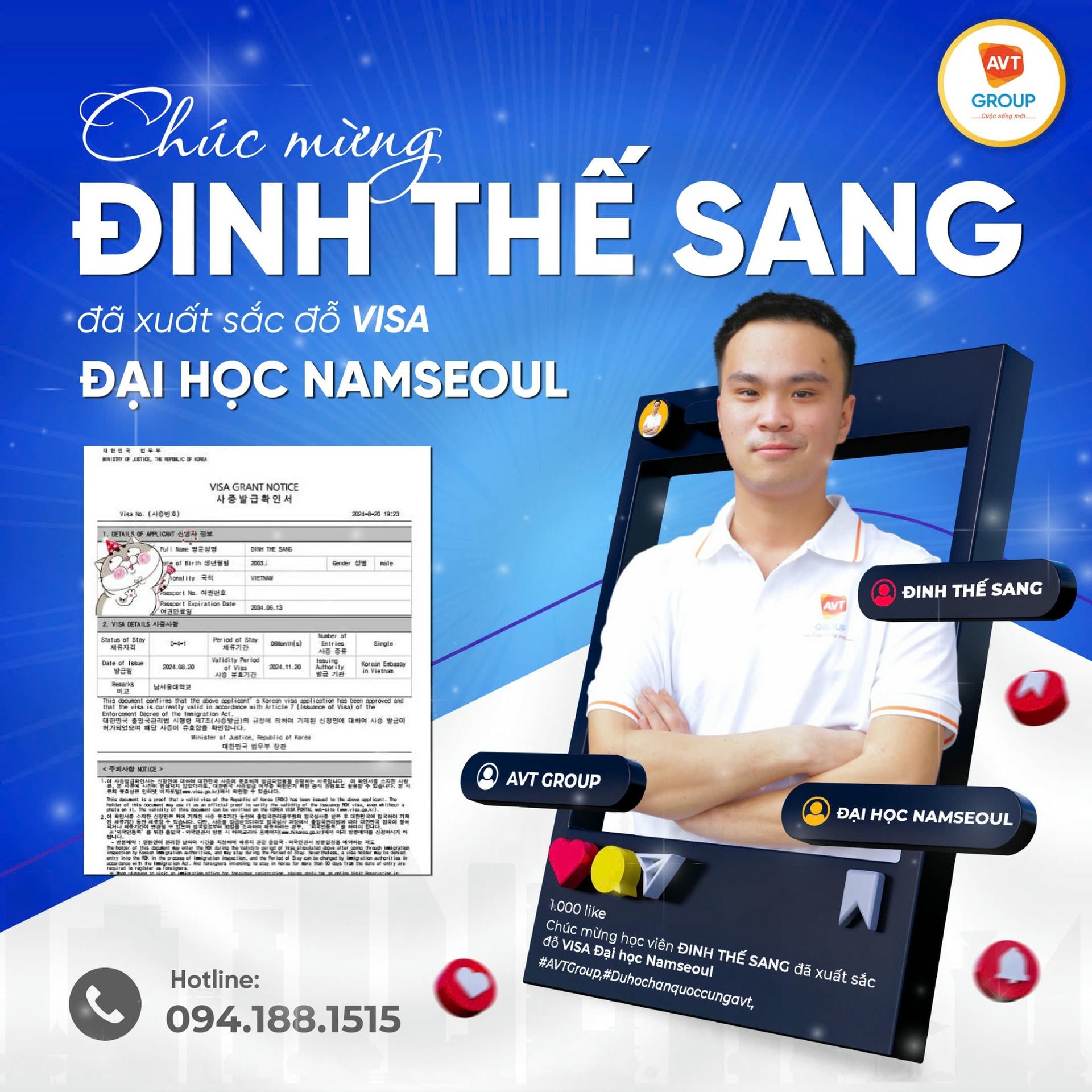 VISA ĐẠI HỌC NAMSEOUL TIẾP TỤC GỌI TÊN: ĐINH THẾ SANG